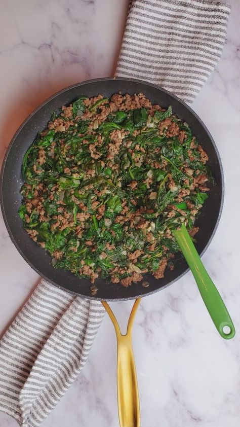 Lebanese Spinach Stew- Sabanekh- The Salt and Sweet Kitchen Spinach And Minced Meat, Middle Eastern Spinach Recipes, Lebanese Spinach Stew, Lebanese Stew, Lebanese Spinach, Ground Beef And Spinach, Spinach Lentil Soup, Spinach Stew, Egyptian Recipes