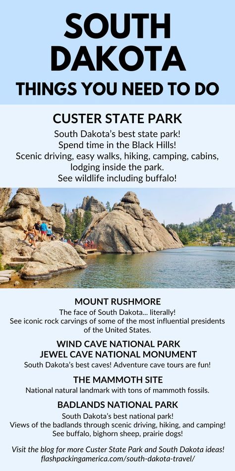 South Dakota travel. Visit the blog for south dakota itinerary ideas for custer state park and the black hills, with hiking, buffalo, wildlife, camping! south dakota things to do. custer state park. rapid city south dakota. vacation ideas. state parks. south dakota road trip. places to visit. travel destinations. hiking. campgrounds. trips. hikes. outdoor family vacation. fun with kids. families. campground. tent. rv. sioux city sd. summer aesthetic. lake day. flashpacking america south dakota. South Dakota Badlands, Things To Do In South Dakota, Black Hills South Dakota Vacation, South Dakota Aesthetic, Mount Rushmore Vacation, Yellowstone Vacation Planning, Custer State Park South Dakota, Custer South Dakota, South Dakota Road Trip