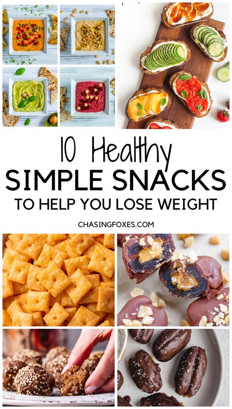 Collage image for healthy snacks. Two images up top, a white space with a title underneath, and four images on the bottom. Title reads "10 Healthy Simple Snacks to Help You Lose Weight." Healthy Simple Snacks, Healthy Midnight Snacks, Easy To Make Meals, Prepped Meals, Fast Healthy Snacks, Simple Snacks, Healthy Christmas Recipes, Healthy Paleo Recipes, Guilt Free Snacks