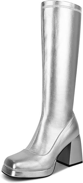 Amazon.com | JEDKARAR Silver GoGo Boots for Women Silver Knee High GoGo Boots for Women Silver Knee High Boots for Women Silver Platform Boots Platform Chunky Boots Silver Boots Silver Tall Boots 70S Boots | Ankle & Bootie Silver Knee High Boots, Platform Chunky Boots, 70s Boots, High Boots For Women, Silver Platforms, Silver Boots, Boots Platform, Gogo Boots, Heel Design