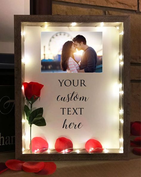 Personalized Anniversary Gift. Lighted Shadow Box. Add any text, photos. Gift for him, her. Gift for girlfriend, boyfriend. Lighted Shadow Box, Personalized Shadow Box, Rose Colors, Custom Shadow Box, Valentine Gifts For Girlfriend, Toddler Valentines, Gift Box Design, Leaving Gifts, Personalized Anniversary Gifts