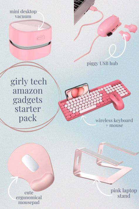 Adorable pink and girly tech accessories! 🌸✨ Check out this Amazon starter pack filled with must-have computer gadgets and accessories in a stylish pink theme! Perfect for creating a cute workspace vibe, these items are great for students, remote workers, or anyone who loves a chic, feminine setup. From keyboards and mouse pads to laptop stands and more, find everything you need in one place! #GirlyTech #PinkAccessories #AmazonFinds #TechGadgets #CuteDeskSetup Laptop Accessories Aesthetic, Computer Accessories Gadgets, Cute Workspace, Pink Computer, Pink And Girly, Phone Essentials, Tech Accessories Gadgets, Computer Gadgets, Tech Girl