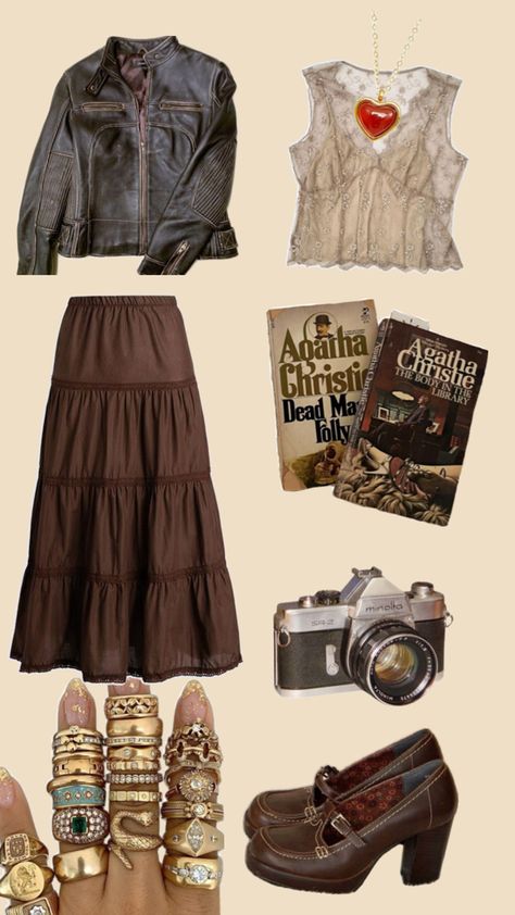 A cute textured white top paired with a brown flow maxi skirt and an oversized dark brown jacket. The fit is accentuated by gold jewelry and a lovely pair of shoes🎵 Brown Maxi Skirt Outfit, Maxi Skirt Outfit Aesthetic, Gold And White Outfit, Brown Skirt Outfit, Dark Brown Jacket, Brown Maxi Skirt, Dark Bohemian, Skirt Outfits Aesthetic, Bohemian Outfit