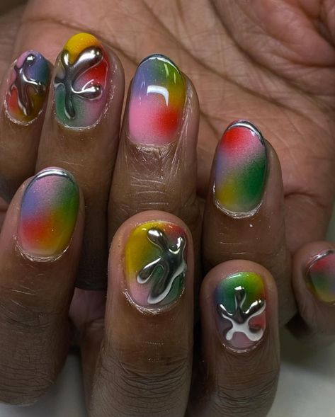 Nail Art In Short Nails, Fun Nail Art Short Nails, Nail Art Designs Colorful, Cool Short Nails Design, Eclectic Nail Art, Short Nail Designs Chrome, Cute Pride Nails, Chrome Nails Designs Short, Short Colorful Nails