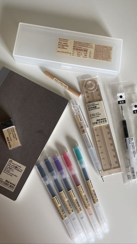 Muji Stationary, Muji Stationery, Muji Pens, Studying Stationary, Pretty School Supplies, Stationery Obsession, Cute Stationary School Supplies, School Bag Essentials, Cute School Stationary