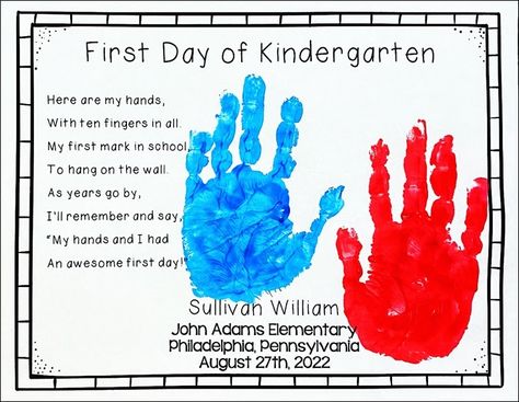 Kindergarten blog with ideas on classroom management, centers and learning through play! First Day Of Kindergarten Handprint, Classroom Scavenger Hunt, Kindergarten Poems, Handprint Poem, Kindergarten Activity, First Day Of Kindergarten, Handprint Craft, Kindergarten First Day, Reading Centers