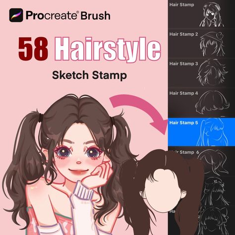 Hair Stamps Procreate Brushes, Chibi Hair Brushes, Hairstyles Stamps, Digital Brushes Stamps, Procreate Hairstyle Stamps, Cartoon Hair Procreate Stencils, Hairstyle Sketch, Hair Brushes Procreate, Hair Stamps, Digital Art Software, Procreate Tips, Best Procreate Brushes, Digital Brushes, Chibi Hair