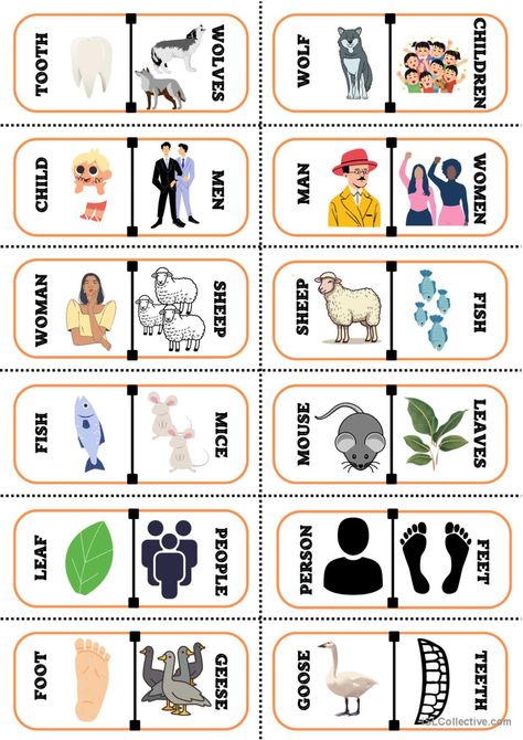 Irregular plural domino grammar flas…: English ESL worksheets pdf & doc Irregular Nouns Plural, Irregular Plurals Worksheet, Irregular Plural Nouns Activities, Grammar Flashcards, Noun Games, Irregular Nouns, Plurals Worksheets, Plural Nouns Worksheet, Plural Words