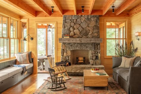 Whitten Architects, Lake Camp, Modern Floor Plans, Portland Maine, Rustic Living, Rustic Living Room, Stone Fireplace, Design Planning, Modern Family