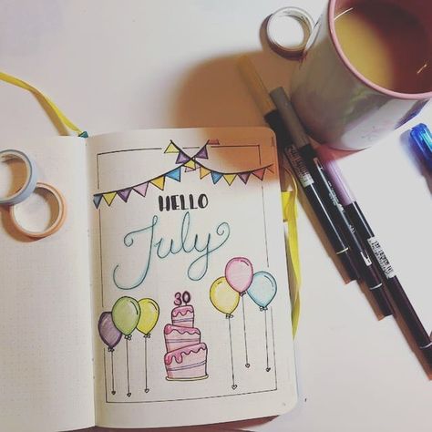 Of course your July cover page doesn't have to be summer related, if it's your birthday next month go all out cake and balloons instead! Birthday Month Bujo Theme, Birthday Bujo Theme, My Birthday Journal Ideas, Birthday Month Journal Ideas, Birthday Month Bullet Journal, Bullet Journal Birthday Page, Birthday Journal Ideas, Month Drawings, Birthday Bullet Journal