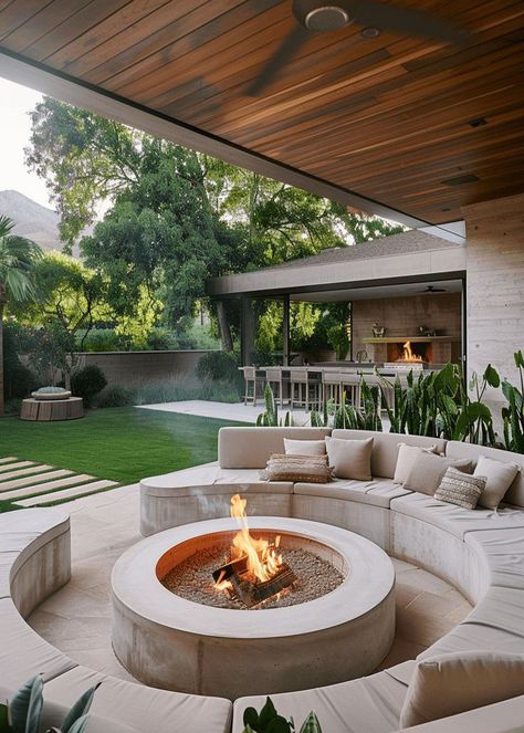 Modern Stone Patio Ideas, Boma Area Ideas, Exterior Space Design, Corner Fire Pit Area, Outdoor Pit Ideas, Fire Pit And Dining Area Backyard, Luxury Fire Pit Ideas Backyard, Fire Pit Living Room, Outdoor Fire Area