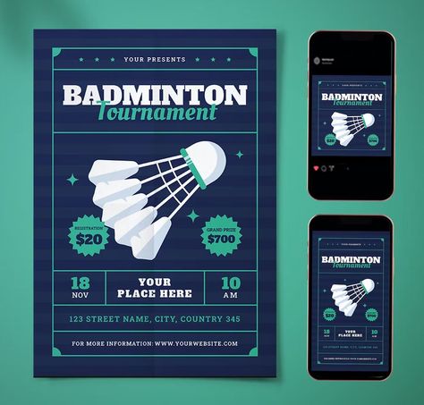 Badminton Tournament Flyer Template AI, EPS, PSD Badminton Competition Poster, Badminton Tournament Poster, Badminton Poster Design, Poster Badminton, Badminton Poster, Badminton Design, Event Poster Design Inspiration, Sport Flyer, Badminton Tournament