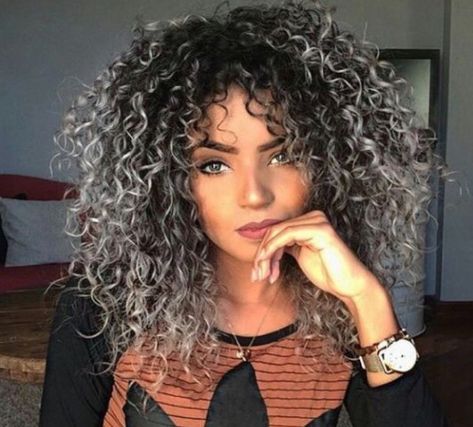 Curly Hair With Gray Highlights, Curly Hair White Highlights, Dark Curly Hair With Grey Highlights, Icy Blonde Highlights On Dark Curly Hair, Black Hair With Platinum Highlights Curly Hair, Gray Highlights On Dark Hair Curly, Curly Hair Gray Highlights, Curly Hair With Grey Highlights, White Highlights On Curly Hair