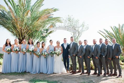 Blue And Gray Wedding Colors, Dusty Blue Wedding Party Attire, Sky Blue Bridal Party, Dusty Blue And Gray Wedding Theme, Blue And Gray Wedding Theme, Shades Of Blue Wedding Party, Grey Tux Wedding, Blue Grey Wedding Colors, Gray Wedding Theme