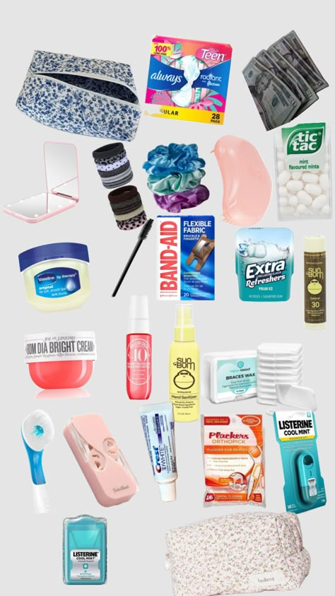 back 2 school essentials #2 includes: emergency pouch, and braces essentials Braces Essentials, Emergency Pouch, High School Essentials, 6th Grade Tips, Middle School Essentials, School Emergency Kit, School Backpack Essentials, Preppy School Supplies, School Pouch