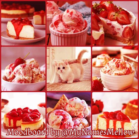 Strawberry Cheesecake Icecream Moodboard Bakery Mood Board, Strawberry Moodboard, Food Moodboard, F2u Moodboards, Moodboards Aesthetic, Red Moodboard, Oc Moodboard, Cute Aesthetics, Moodboard Inspo