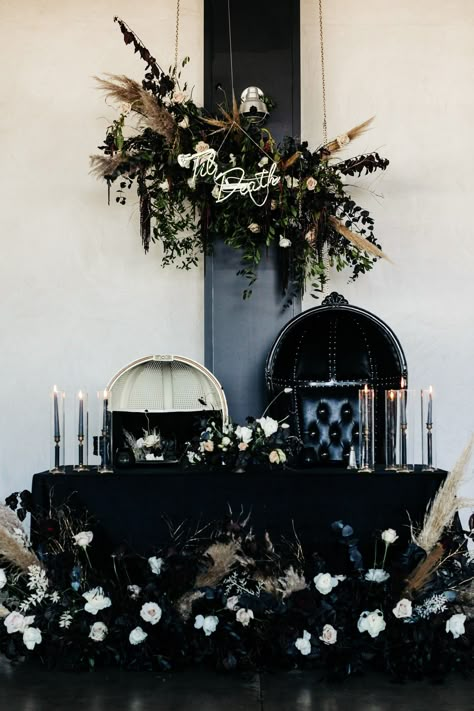 Black Plum Wedding, Dark And Dramatic Wedding, Rustic Dark Wedding, Dark Vintage Wedding Aesthetic, Dark And Moody Wedding Colors, Black Eucalyptus Wedding, Moody Wedding Favors, Moody Black And White Wedding, Dark Feminine Wedding