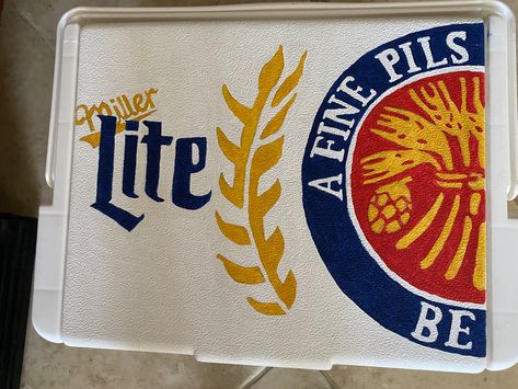 Miller Lite Cooler Painting, Frat Cooler Miller Lite, Miller Lite Frat Cooler, Painted Ice Chest, Beach Weekend Cooler, Nola Cooler, Beer Pong Table Diy, Frat Formal, Formal Coolers