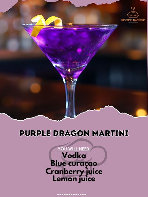 🍸 "Experience the allure of the Purple Dragon Martini—smooth, mystical, and perfect for an evening of elegance! 🌌🍸 #PurpleDragonMartini #ElegantDrinks" Purple Dragon Martini Ingredients: Vodka (2 oz) Blue curaçao (1/2 oz) Cranberry juice (1 oz) Lemon juice (1/2 oz) Ice (as needed) Lemon twist (for garnish) Instructions: Fill a shaker with ice. Add vodka, blue curaçao, cranberry juice, and lemon juice. Shake well and strain into a martini glass. Garnish with a lemon twist. 🍸 "Sip on the Pu... Purple Lemon Drop Martini, Purple Dragon Martini, Purple Martini, Vodka Blue, Bartender Drinks Recipes, Martini Ingredients, Bartender Drinks, Glass Garnish, Cocktail Drinks Alcoholic