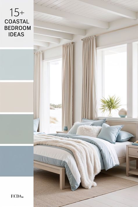 modern coastal bedroom with color chart Beach Guest Bedroom Coastal Style, Coastal Attic Bedroom, Seaside Cottage Bedroom, Beach House Decor Coastal Style Bedroom, Light Blue And Beige Bedroom, Beach House Rooms Bedrooms, Aqua Bedroom Ideas For Adults, Blue And White Coastal Bedroom, Seafoam Bedroom