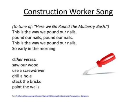 construction | Jen in the Library Preschool Construction Songs, Construction Lesson Plans Preschool, Construction Activities Preschool, Construction Theme Preschool, Kids Songs With Actions, Creative Curriculum Preschool, Preschool Construction, Community Helpers Preschool, Classroom Songs