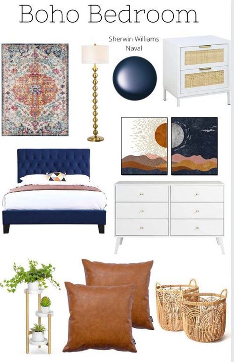 Navy Peach Bedroom, Navy Boho Bedding, Terracotta And Navy Bedding, Navy Boho Bedroom Ideas, Navy Blue And Orange Bedroom Decor, Navy And Cinnamon Bedroom, Navy Brass Bedroom, Navy Blue Bedframe Room Decor, Bedroom With Navy Headboard