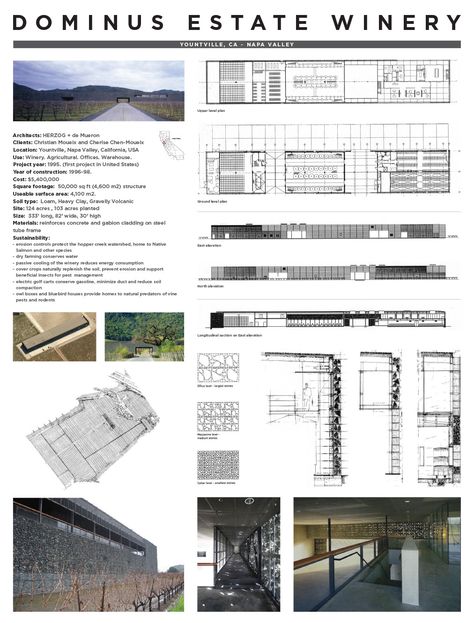 Dominus-Winery-Documentation-Board-Web Precedent Study, Wineries Architecture, Napa Valley Trip, Architecture Portfolio Design, Architecture Presentation Board, Drawing Writing, Architecture Board, Roof Architecture, Study Architecture