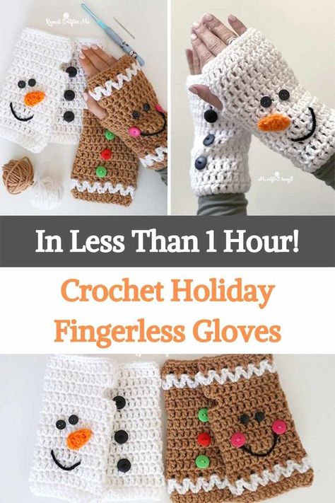 Elf Grinch, Crochet Fingerless Gloves Free Pattern, Crochet Hand Warmers, Crochet Mitts, Crochet Mittens Pattern, Character Faces, Crochet Holiday, Fingerless Gloves Crochet Pattern, Quick Crochet Projects