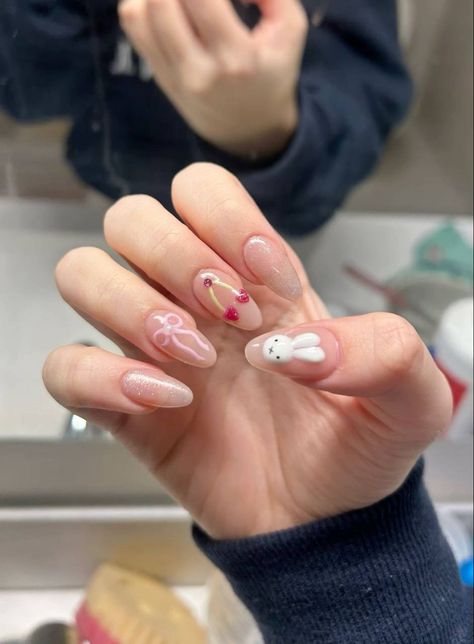 Cherry Gel Nails, Miffy Nails, Hello Nails, Hippie Nails, Romantic Nails, Grunge Nails, Simple Gel Nails, Summery Nails, Cute Gel Nails