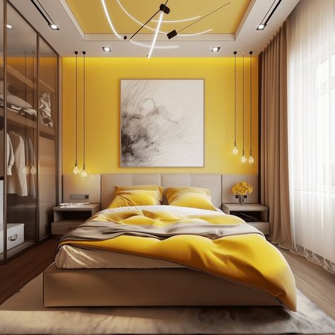 Modern Yellow Bedroom Oasis [Room Concept] Brown And Yellow Living Room Ideas, Modern Yellow Bedroom, Boss Bedroom, Yellow Living Room Ideas, Yellow Layout, Oasis Room, White And Brown Bedroom, Bedroom Minimal, Yellow Bedroom Decor