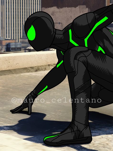 Suit Side View, Spiderman Verse, Spider Suits, Spider People, Spiderman Black, Spiderman Poster, Stealth Suit, Scarlet Spider, Dark Green Aesthetic