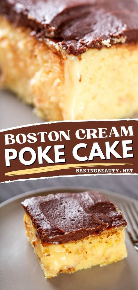 This Boston Cream Poke cake with condensed milk is the best dessert you'll ever have! This poke cake recipe features a super moist yellow cake topped with a fudgy chocolate frosting. You should try this! Boston Cream Poke Cake Recipe, Boston Cream Pie Poke Cake, Cream Poke Cake, Boston Cream Poke Cake, Kids Desserts, Boston Cream Cake, Poke Cake Recipe, Peanut Butter Banana Muffins, Boston Cream Pie