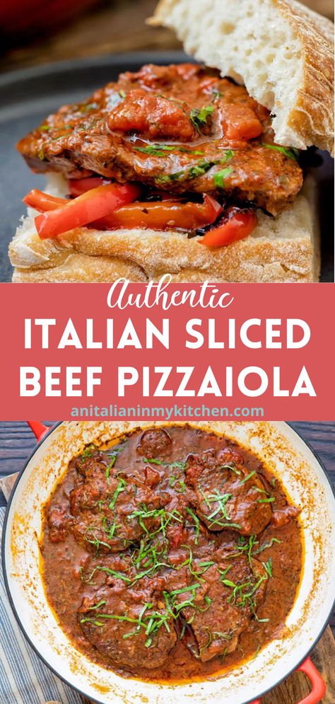 Sliced Beef Pizzaiola, a fast and easy Italian dish. Slices of Beef in a deliciously spiced Tomato Sauce. Perfect on its own or make the ultimate Pizzaiola Sandwich. The best Italian Beef you can make! Beef Pizzaiola, Sliced Beef Recipes, Italian Meat Dishes, Milanesa Recipe, Italian Roast Beef, Italian Beef Recipes, Beef Cutlets, Braciole Recipe, Italian Meat Recipes