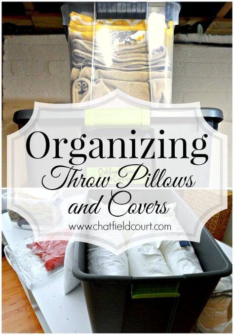 How to easily organize your throw pillows and pillow covers so you know what you have. www.chatfieldcourt.com How To Store Throw Pillows, How To Store Pillows, How To Wash Throw Pillows, Organizing Linens, Seasonal Pillows, Pillow Storage, Euro Pillows, Throw Pillows Bedroom, Linen Closet Organization