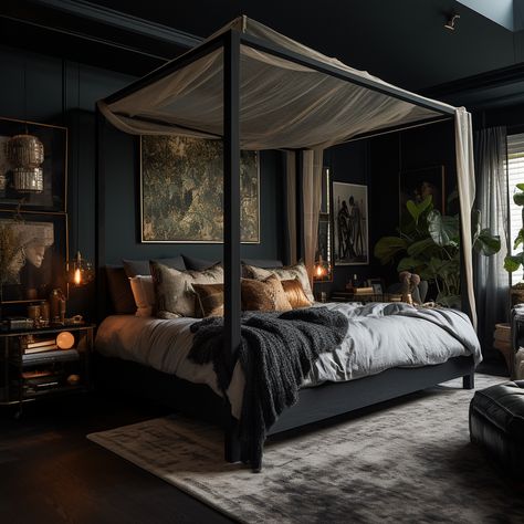 Grey Boho Bedroom, Bohemian Loft, Dark Moody Bedroom, Black Canopy Bed, Dark Cozy Bedroom, Dramatic Bedroom, Academia Bedroom, Grey Boho, Room 2023