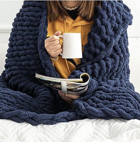 Chunky Knit Blanket Throw - 50"x60" 3.7 lbs. - Soft Chenille Yarn Knitted Blanket - Machine Washable Crochet Blanket Navy Throw Blanket, Large Knit Blanket, Chunky Cable Knit Throw, Cable Knit Throw Blanket, Chunky Knit Throw Blanket, Cable Knit Throw, Tenun Ikat, Chunky Knit Throw, Knit Throw