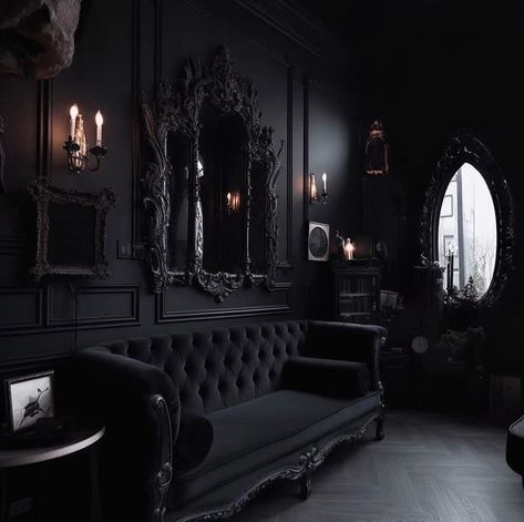 Gothic Baroque Interior Design, Dark Gothic Interior Design, Baroque Decor Modern, Black Victorian Bedroom, Gothic Home Aesthetic, Goth Living Room Ideas, Gothic Living Room Ideas, Goth Interior Design, Goth Furniture