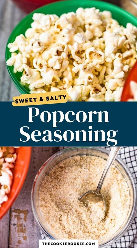 This popcorn seasoning is super simple to make and is an easy way to turn your popcorn into something special! It's the perfect balance of sweet and salty, and made with just 3 ingredients! #snack #popcornseasoning #sweetandsalty #kettlecorn #movienight #gamedaysnack Kettle Corn Seasoning Recipe, Diy Popcorn Seasoning, Homemade Popcorn Seasoning Recipes, Homemade Popcorn Seasoning, Popcorn Seasoning Recipes, Homemade Kettle Corn, Kettle Corn Recipe, Kettle Corn Popcorn, Popcorn Recipes Easy