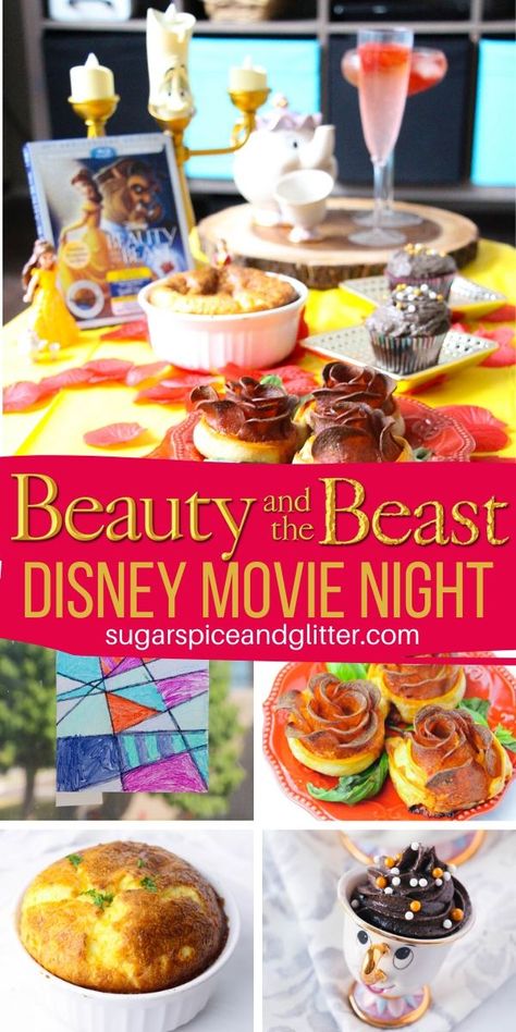 Movies With Food Themes, Movie Themed Potluck, Movie Night Menu Food Party Ideas, Cheese Souffle Beauty And The Beast, Disney Movie Inspired Meals, Beauty And Beast Food Ideas, Family Movie Dinner Night, Disney Dinner And Movie Night Beauty And The Beast, Disney Meal Ideas