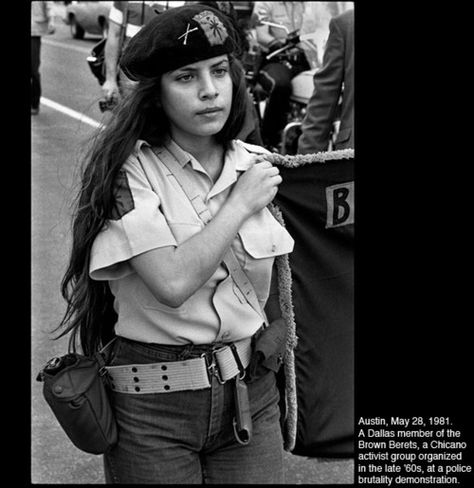 The Brown Berets were known for their direct action against police brutality. They protested killings and abuses perpetrated by the Los Angeles Sheriff's Department at the station in the barrio. They supported the United Farm Workers movement and the Land Grant Movement in New Mexico. In 1969, they participated in the first Rainbow Coalition which originally included the Young Patriots and the Young Lords under the leadership of Jose Cha Cha Jimenez and in the Poor Peoples Campaign. In 1969. United Farm Workers, Chicano Studies, Brown Beret, Farm Workers, Chicana Style, Zoot Suit, Brown Pride, Color Script, Direct Action