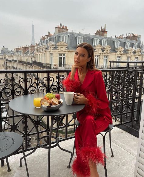 Red Pyjamas, Pajama Party Outfit, City Fashion Photography, From Paris With Love, Bridal Sleepwear, Nadine Merabi, Red Pajamas, Red Feather, Matching Outfit