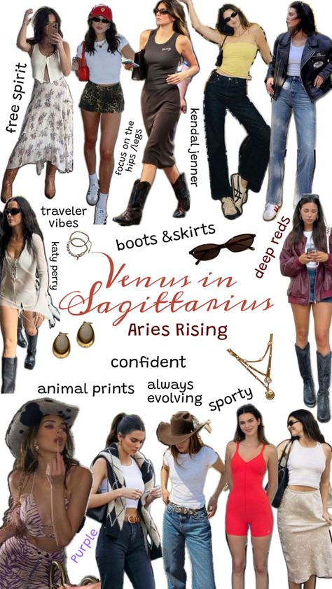 Venus in Sagittarius outfit ideas with Aries rising this combination leads to a free spirited, adventurous and traveler look, but it’s always evolving so it doesn’t necessarily fit into one style lots of animal prints, skirts, and boots Venus In Sagittarius, Style Mood Board, Skirts And Boots, Aries Rising, Always Evolving, Aries And Sagittarius, Aquarius Rising, Venus Fashion, Skirts With Boots