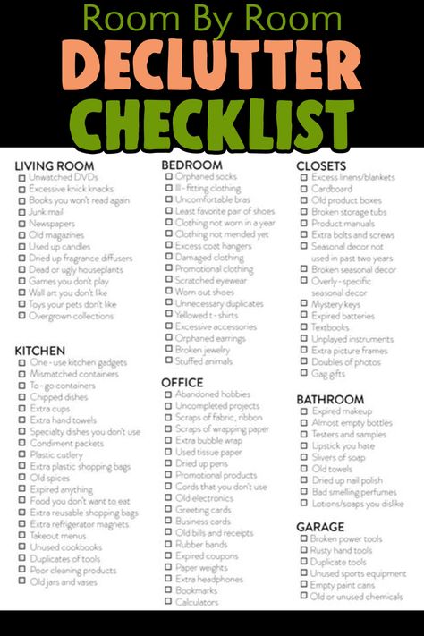 Declutter List By Room, Whole House Declutter Checklist, Declutter Room By Room Checklist, Declutter Home Checklist, Room By Room Declutter Checklist, How To Declutter Your Home Room By Room, House Declutter Plan, Declutter Apartment, Decluttering Room