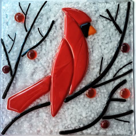 Fused glass Cardinal Red Cardinal Christmas, Fused Glass Panel, Cardinal Christmas, Fused Glass Dishes, Cardinal Ornaments, Fused Glass Plates, Glass Fusion Ideas, Fused Glass Artwork, Fused Glass Ornaments