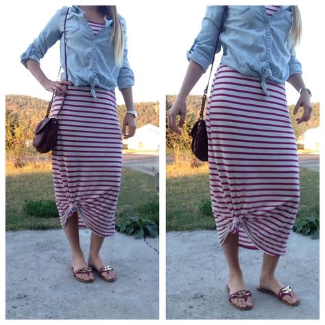 9/23- stripped maxi dress- knotted at bottom, tied Jean shirt, maroon flip flops and purse Long Dresses Casual Maxi Summer Outfits, Saturday Outfits, Maxi Dress Knot, Dress Knot, Maxi Dress Outfit Fall, Knotted Dress, Grey T Shirt Dress, Saturday Outfit, Spring Wraps