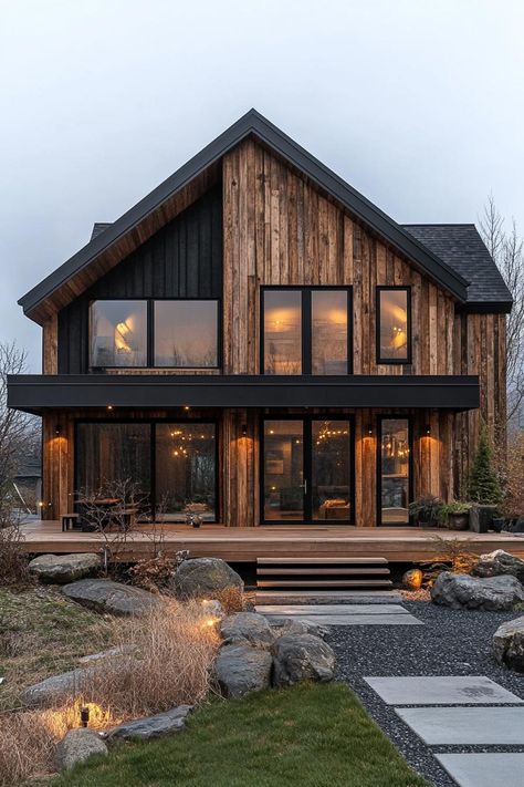 A cozy wooden house with a modern facade. Bark up the right tree with our digest of wood facade designs, where elegance meets durability and houses get a natural facelift. Rustic Wood House Exterior, House Exterior Cottage, Wood House Exterior, Rustic Wood House, Cozy Wooden House, Exterior Cottage, Natural Facelift, Modern Facade, Cabin Modern