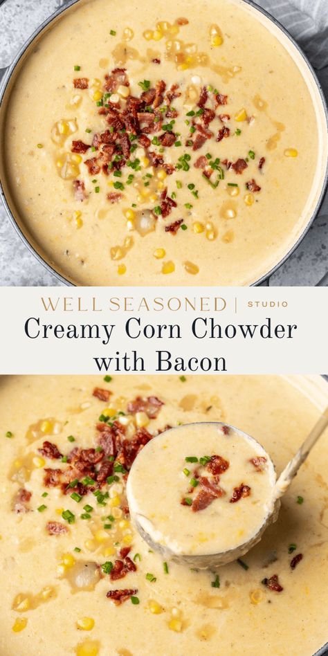 Our Corn Chowder with Bacon is a celebration of fresh summer corn! It's a rich, creamy soup recipe with crispy bacon, tender potatoes, fresh herbs, and a deeply flavored broth enhanced by adding the corn cobs to the soup as it simmers. It makes a great lunch or dinner on its own (though a side salad or crusty bread is always welcome), and is perfect for potlucks or picnics. Make-ahead and freezer-friendly. #wellseasonedstudio #cornchowder #cornsoup #chowderrecipe Corn Chowder With Bacon, Creamy Corn Chowder, Corn Chowder Soup, Bacon Corn Chowder, Bacon Chowder, Potato Corn Chowder, Creamy Soup Recipes, Chicken Corn Chowder, Potato Chowder