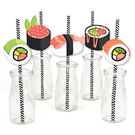 Free 2-day shipping. Buy Let's Roll - Sushi - Paper Straw Decor - Japanese Party Striped Decorative Straws - Set of 24 at Walmart.com Straw Decor, Straw Tags, Japanese Party, Paper Cut Outs, Diy Sushi, Frappuccino Bottles, Straw Decorations, Japanese Birthday, Easy Party Decorations