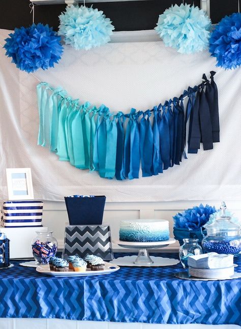 Dessert table done in an ombre blue color palette. Source: formal dress au  #desserttable #ombreblue Simple Blue Boy Baby Shower, Shades Of Blue Baby Shower Ideas, Baby Shower Cupcakes For Boy, Tassel Banner, Boy Baby Shower Ideas, Ombre Cake, Baby Shower Decorations For Boys, Fiesta Baby Shower, Diy Birthday Party