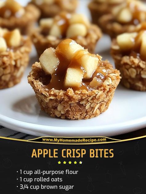 Daily Easy Recipes | apple crisp bites | Facebook Apple Crisp Bites, Recipe For Apple Crisp, Oatmeal Cookie Crust, Best Apple Crisp Recipe, Best Apple Crisp, Grandma's Recipes, Apple Treat, Apple Dessert Recipes, Oatmeal Cookie